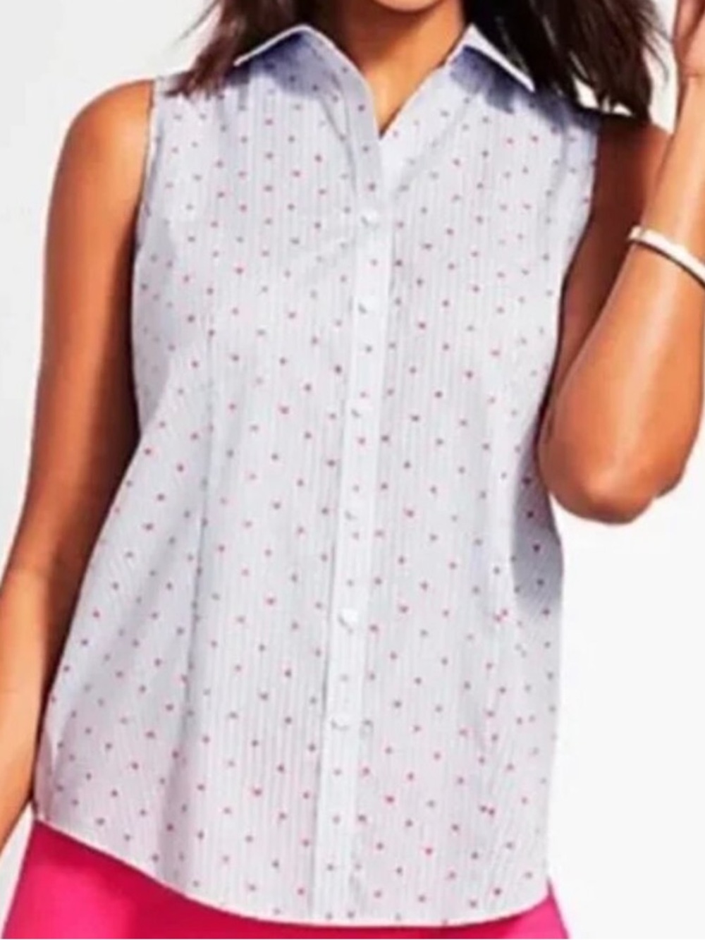 TALBOTS NO IRON WHITE WITH PINK PALM SLEEVELESS TOP SIZE 8P